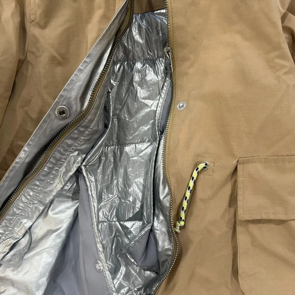 Zara Kids Collapsible Hooded Parka Coat Jacket Tan Silver Size 5 - Picture 3 of 6